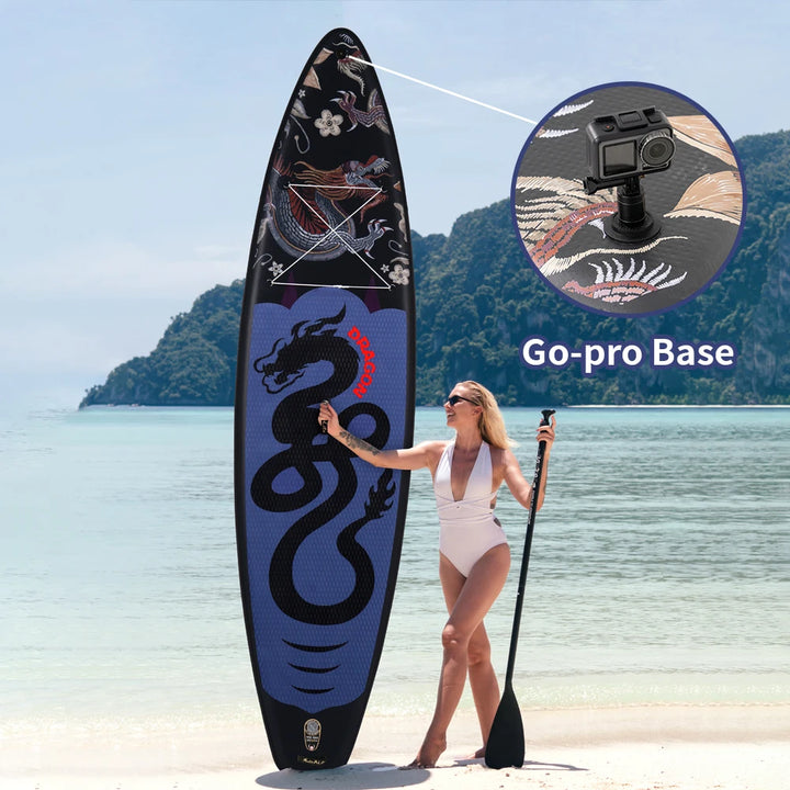 SUP hinchable Funwater SUPFR17U, 350x84x15 cm, 180 kg+, tabla de paddle surf negra y morada con diseño de dragón para yoga, pesca y paseos por lagos y bahías tranquilas, kit de accesorios incluido