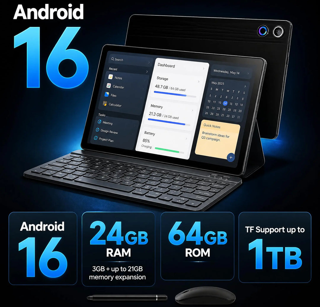 URAO KB10L Tableta de 10.1 pulgada, Android 16, pantalla HD, 24 GB de RAM, 64 GB de ROM, A333, tableta PC de cinco núcleos, compatible con Widevine L1 y Netflix HD, batería de 6000 mAh, pantalla dividida, desbloqueo f