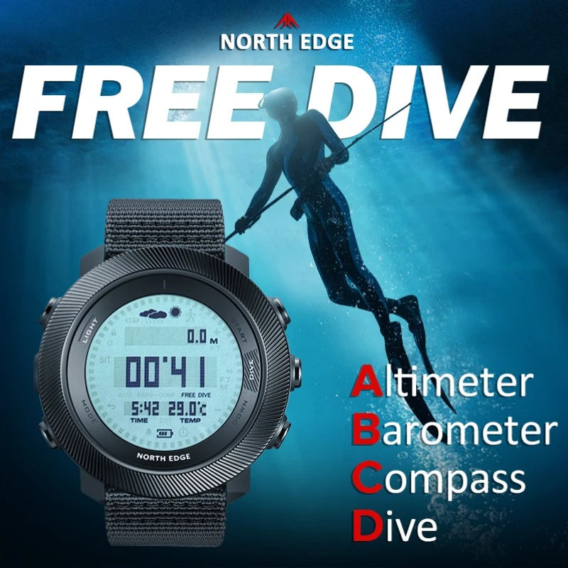 Reloj de buceo libre NORTH EDGE APACHE-D, nuevo, para deportes al aire libre, reloj para hombre con altímetro, barómetro, brújula y resistencia al agua de 10ATM