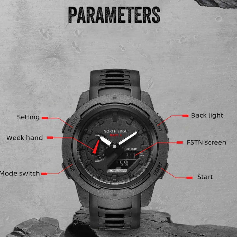 NORTH EDGE Carbon Fiber Case Men Watch MARS3 Stopwatch World Time Waterproof Quartz Wristwatch Electronic Watch for Men with BOX