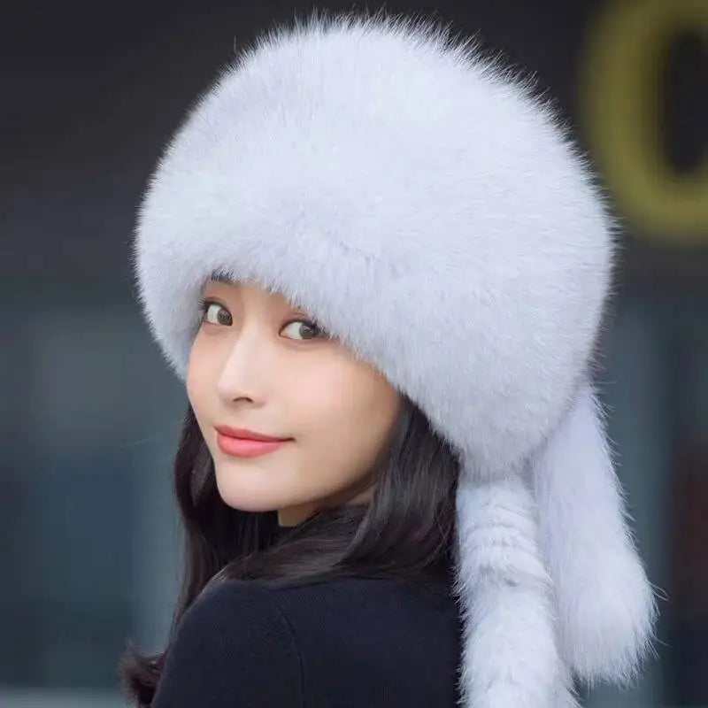 Gorro de piel de zorro auténtica para invierno, gorro de nieve de piel natural para mujer, gorros gruesos para exteriores, gorros rusos para esquiar, gorros bomber de piel blanca.