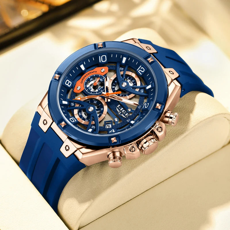 Reloj deportivo LIGE para hombre, de marca de lujo, con correa de silicona, cronógrafo, función de esfera pequeña, reloj de pulsera de cuarzo, resistente al agua y luminoso