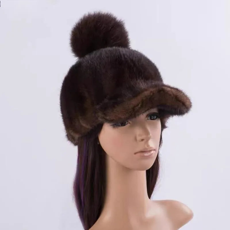 Gorro de piel de visón auténtica para mujer, gorro informal de pico de pato con bola de piel de zorro, gorro de caballero tejido a la moda, gorros de béisbol de piel auténtica gruesa