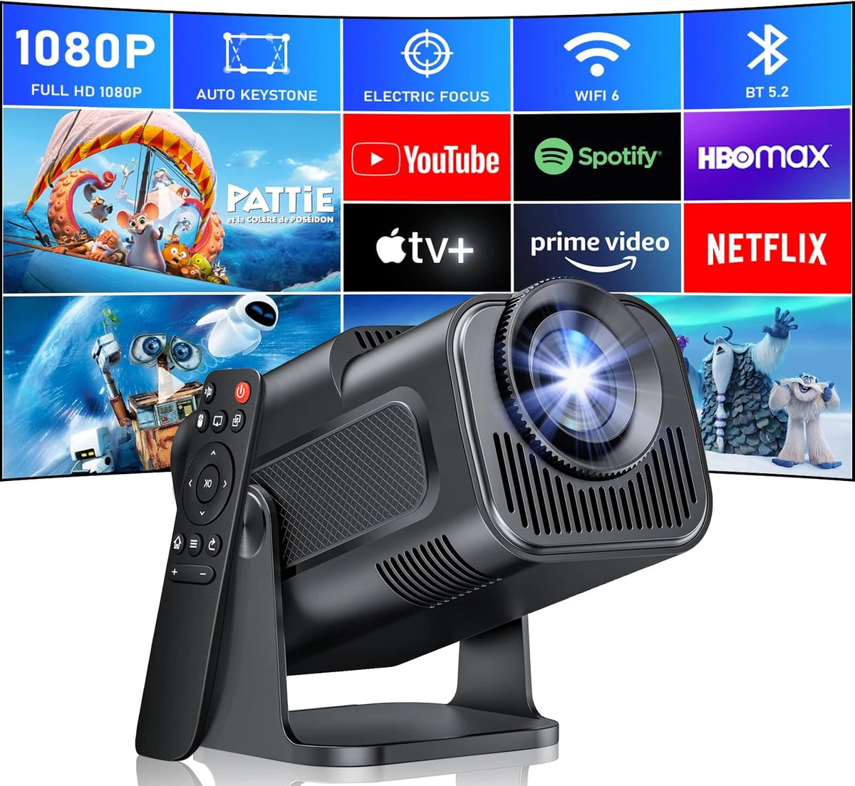 Proyector portátil negro con lente frontal y base abatible