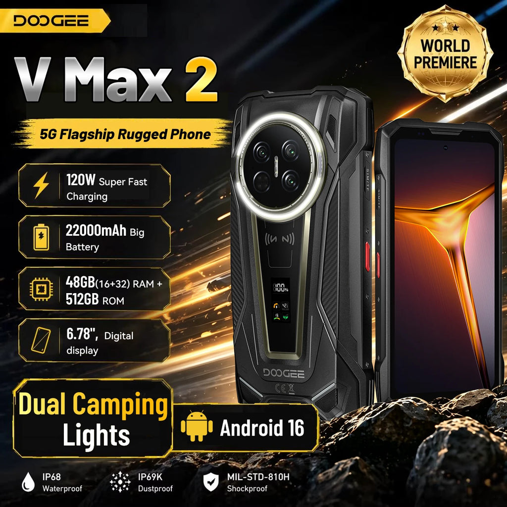 Smartphone ultrarresistente insignia DOOGEE V Max 2 5G, estreno mundial, 6,78", pantalla digital, 48 GB (16+32) de RAM + 512 GB de ROM, gran batería de 22000 mAh, Android 16, luces de camping duales, carga superrápida de 120 W