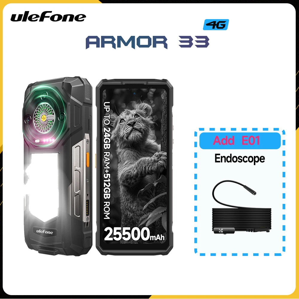 Teléfono inteligente resistente Ulefone Armor 33, Android 15, 24 GB+512 GB, LED versátil, NFC, carga rápida de 66 W, 25500 mAh, altavoz potente, 120 Hz