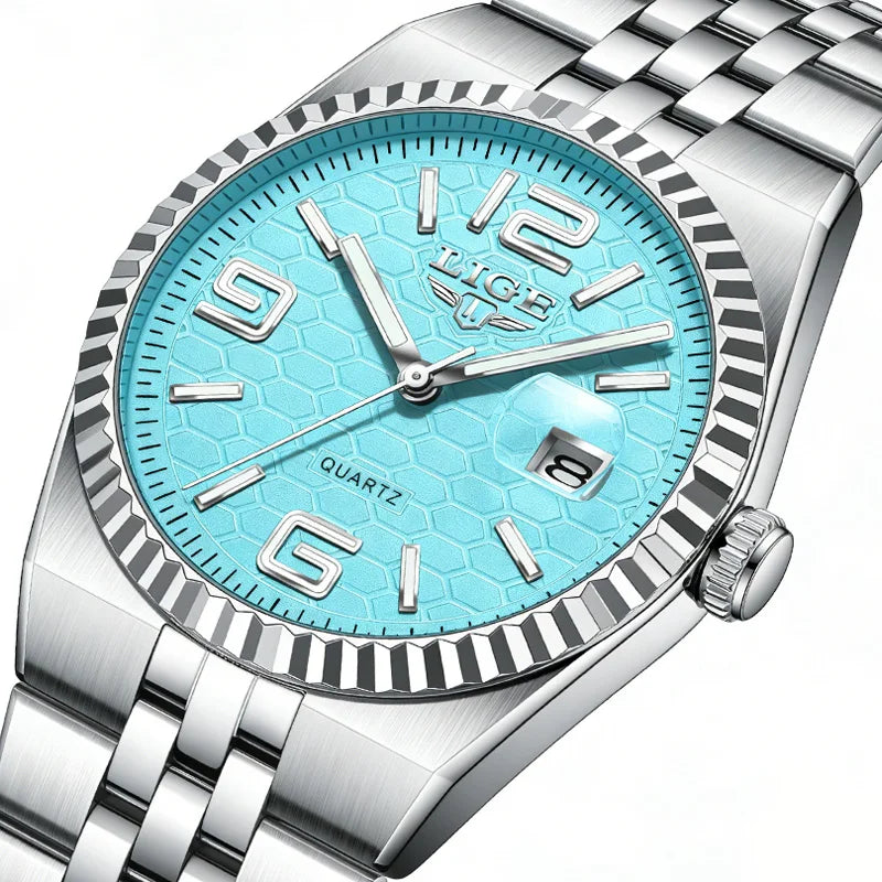 Reloj de pulsera de cuarzo LIGE para hombre, esfera de panal color azul Tiffany, luminoso, resistente al agua 3ATM, reloj de negocios para hombre