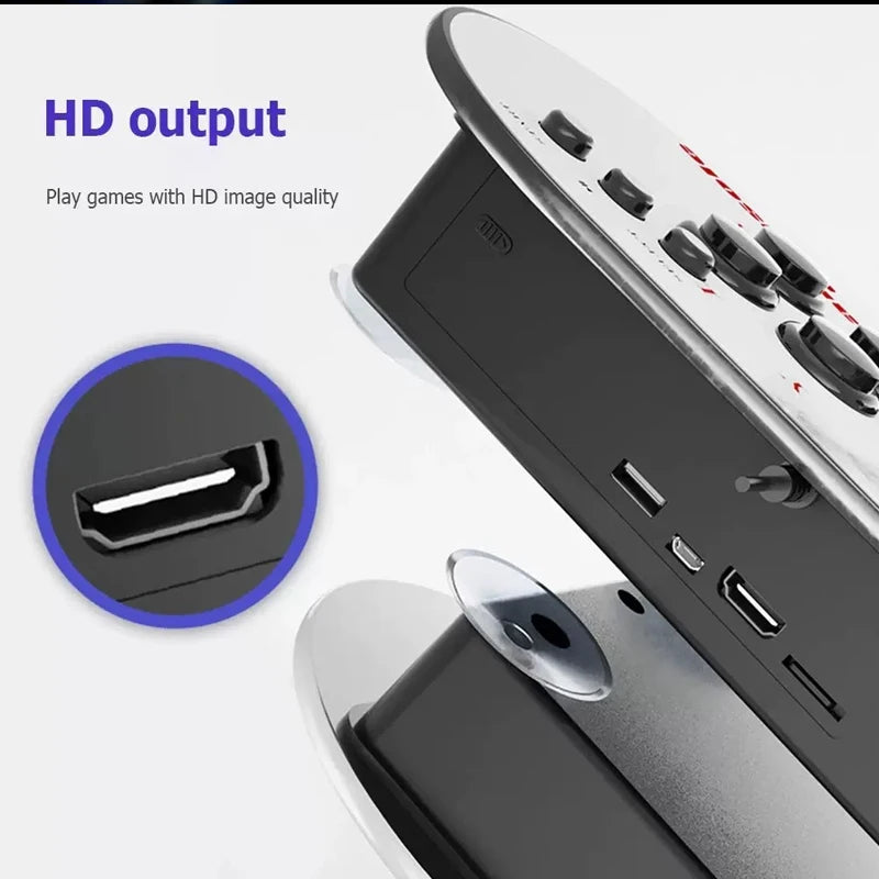 Consola de videojuegos portátil con puertos laterales y salida HD, panel blanco y cuerpo negro