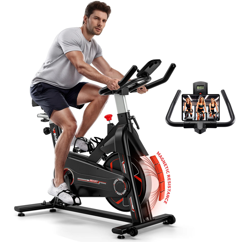 Bicicleta de ejercicio actualizada 2026, bicicleta estática silenciosa con resistencia de 0 a 100 %, pantalla y soporte para tableta, bicicleta de ciclismo en interiores para entrenamiento cardiovascular con asiento cómodo,