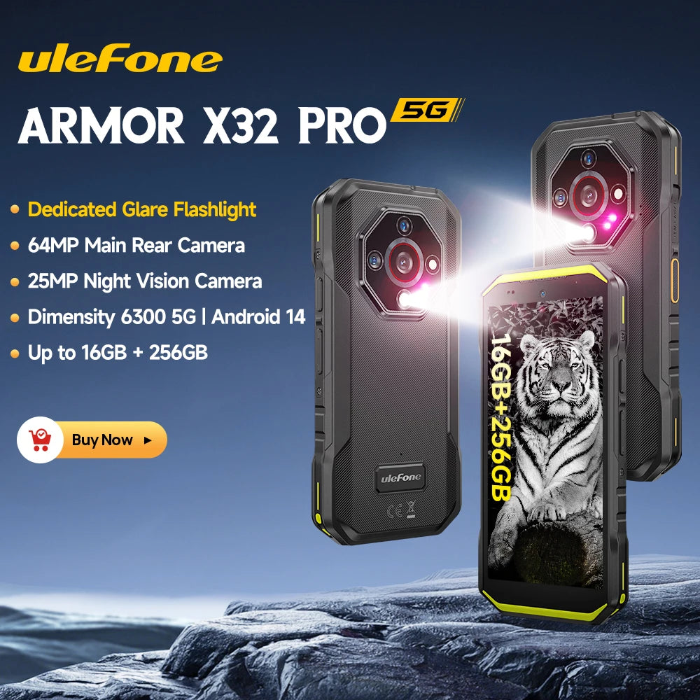 Ulefone Armor X32 Pro 5G Teléfono Robusto Android 14 16GB+256GB Dimensity 6300 Octa Core Cámara 64MP NFC IP68/IP69K Resistente al agua