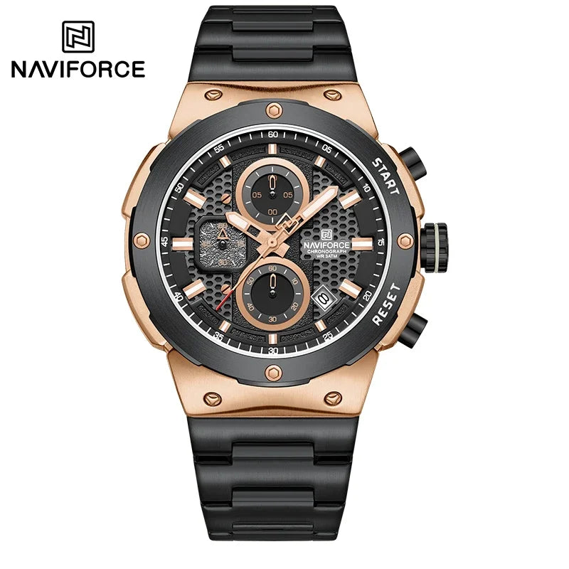 Reloj NAVIFORCE de lujo para hombre, con cronógrafo de cuarzo, luminoso, calendario, resistente al agua, de acero inoxidable, estilo deportivo y militar.