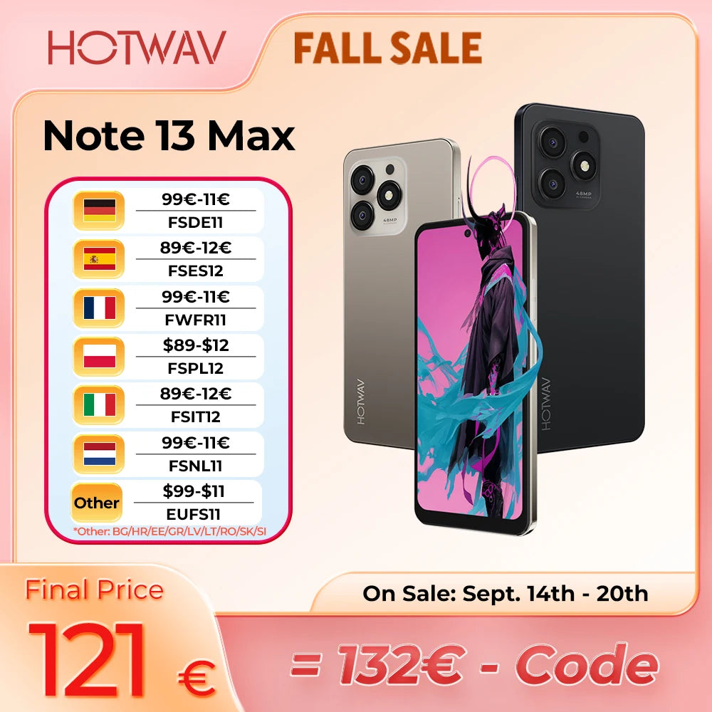 Teléfono móvil ultra delgado HOTWAV Note 13 Max de 9,2 mm, pantalla HD+ de 6,8'', Android 14, 6 GB de RAM, 256 GB de ROM, teléfono de ocho núcleos, cámara de 48 MP + 16 MP, batería de 5160 mAh, smartphone ligero 1080P con GPS