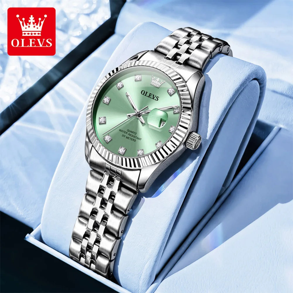 Reloj de mujer OLEVS tendencia moda plata acero inoxidable marca original reloj de pulsera gran fecha textura bisel roscado impermeable