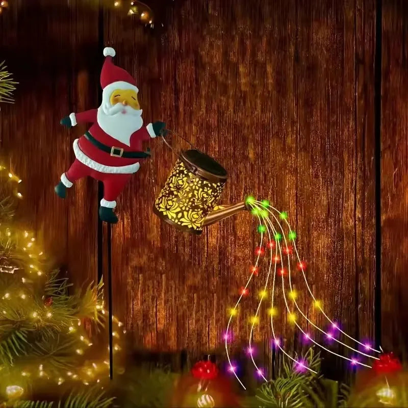Outdoor Solar Lights Santa Claus Hollow Metal Watering Can Lantern for Garden Patio Yard Christmas Holiday Decor
