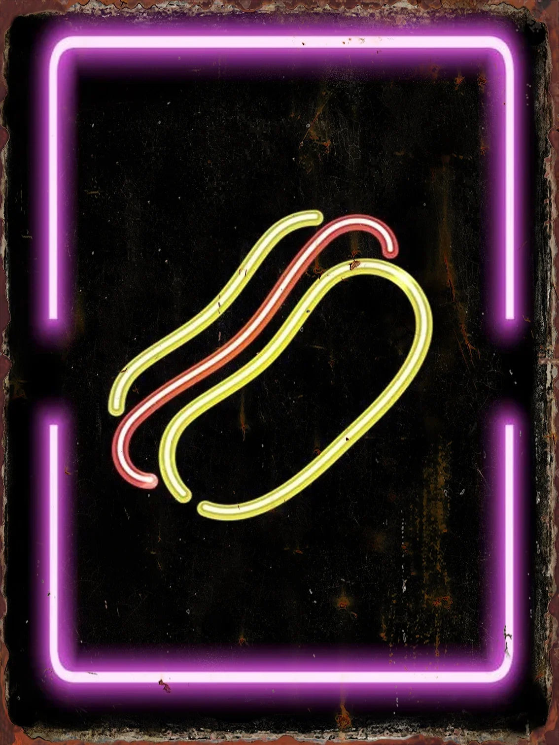 Letrero metálico de lata con letrero neón arcoíris de un hot-dog en borde rosa y morado