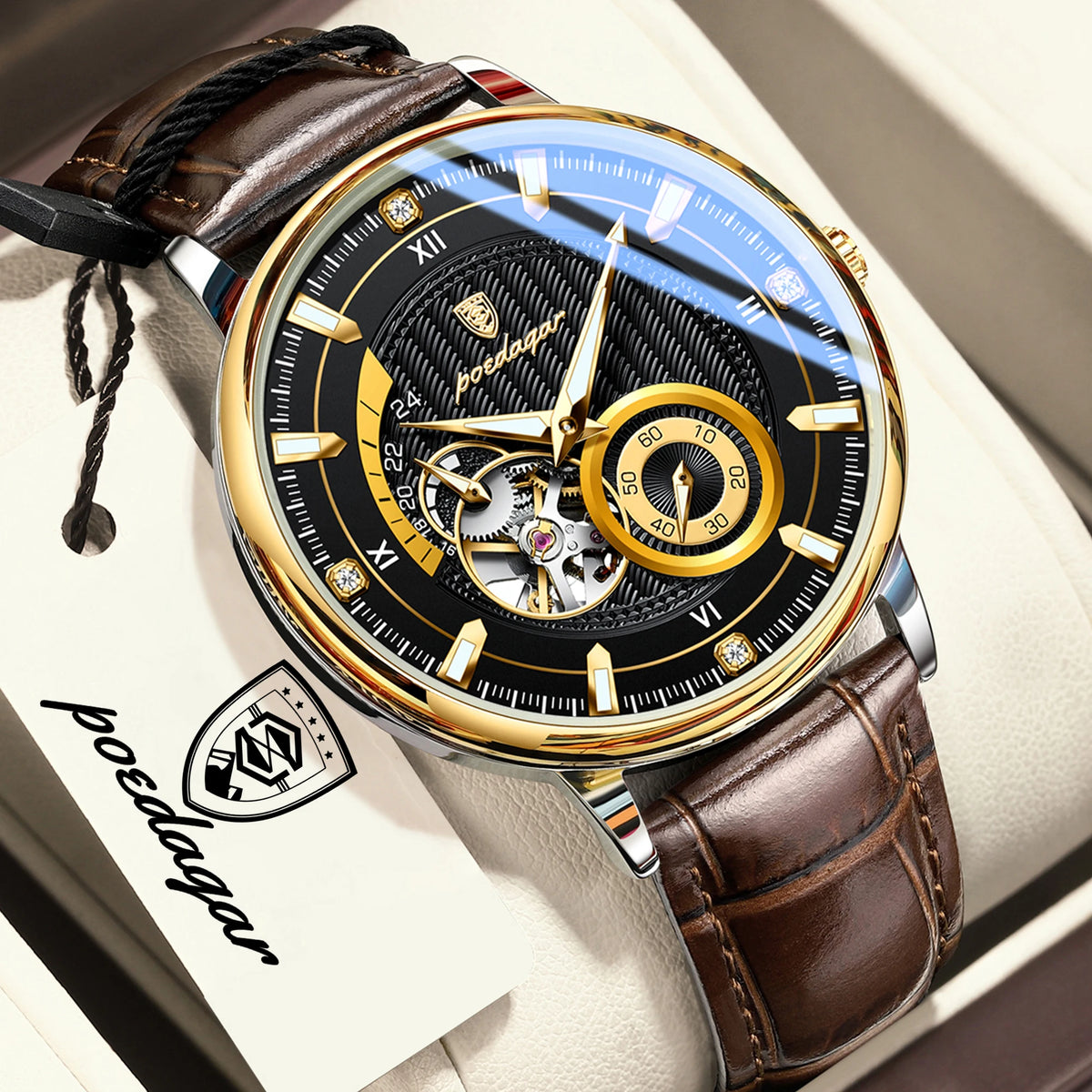 Reloj POEDAGAR de moda para hombre, luminoso, resistente al agua, con tourbillon hueco, correa de piel, reloj mecánico automático deportivo para caballero