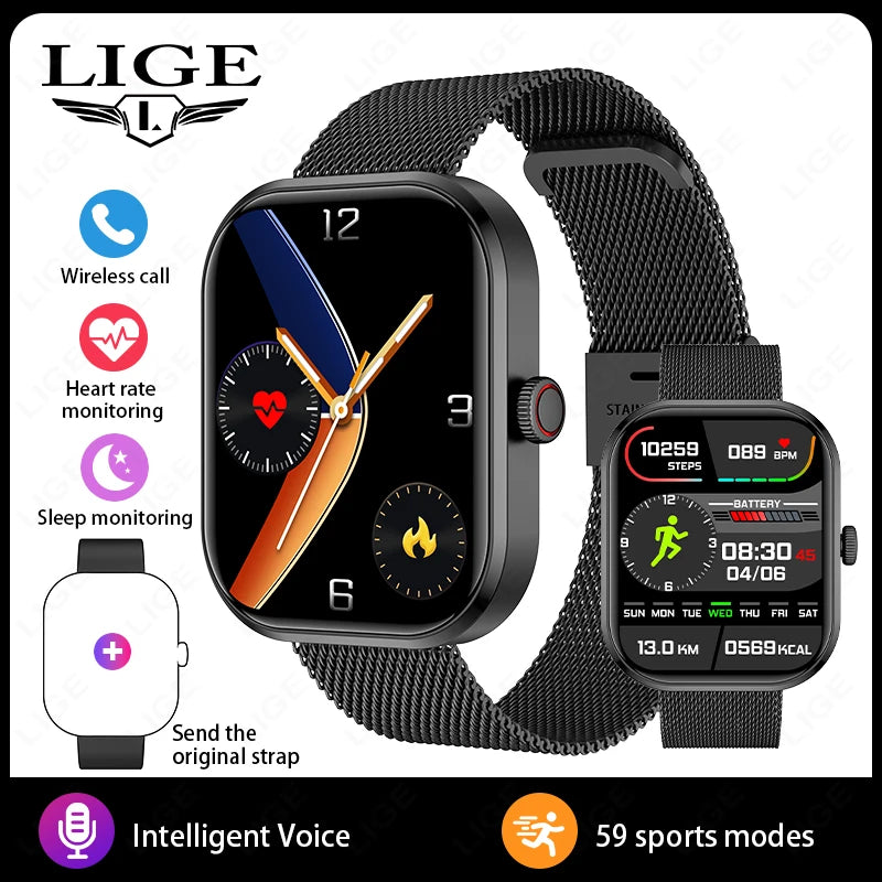 Reloj inteligente de moda LIGE para mujer, con llamada Bluetooth, monitor de salud femenina, frecuencia cardíaca, presión arterial, reloj inteligente digital de fitness para hombre