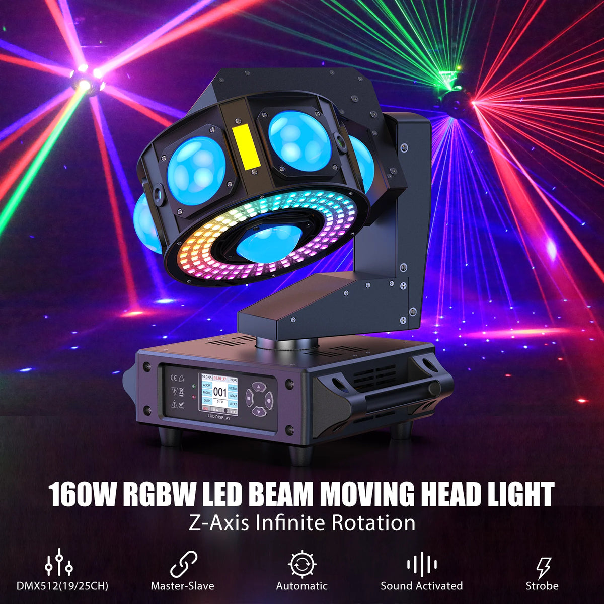 Yiflamefly 160W RGBW Beam Moving Head Light 3Axis 360°Rotation DJ Light DMX512 Stage Lights For Disco Wedding Party Live Show