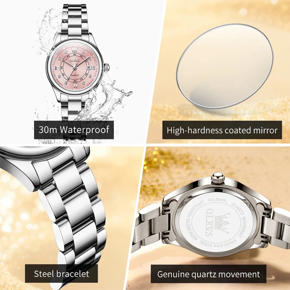 OLEVS Original Elegant Women Quartz Watch Stainless Steel Waterproof Luminous Chronograph Date Ladies' Watch Gifts Box NO.5683
