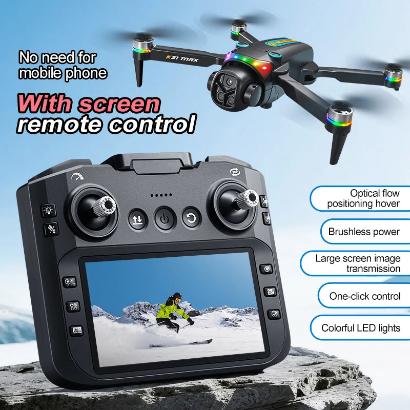 Dron plegable ZNLYRION K21MAX sin escobillas con mando a distancia con pantalla, EIS, doble cámara eléctrica, flujo óptico, luces LED de colores y RC Quadcopter