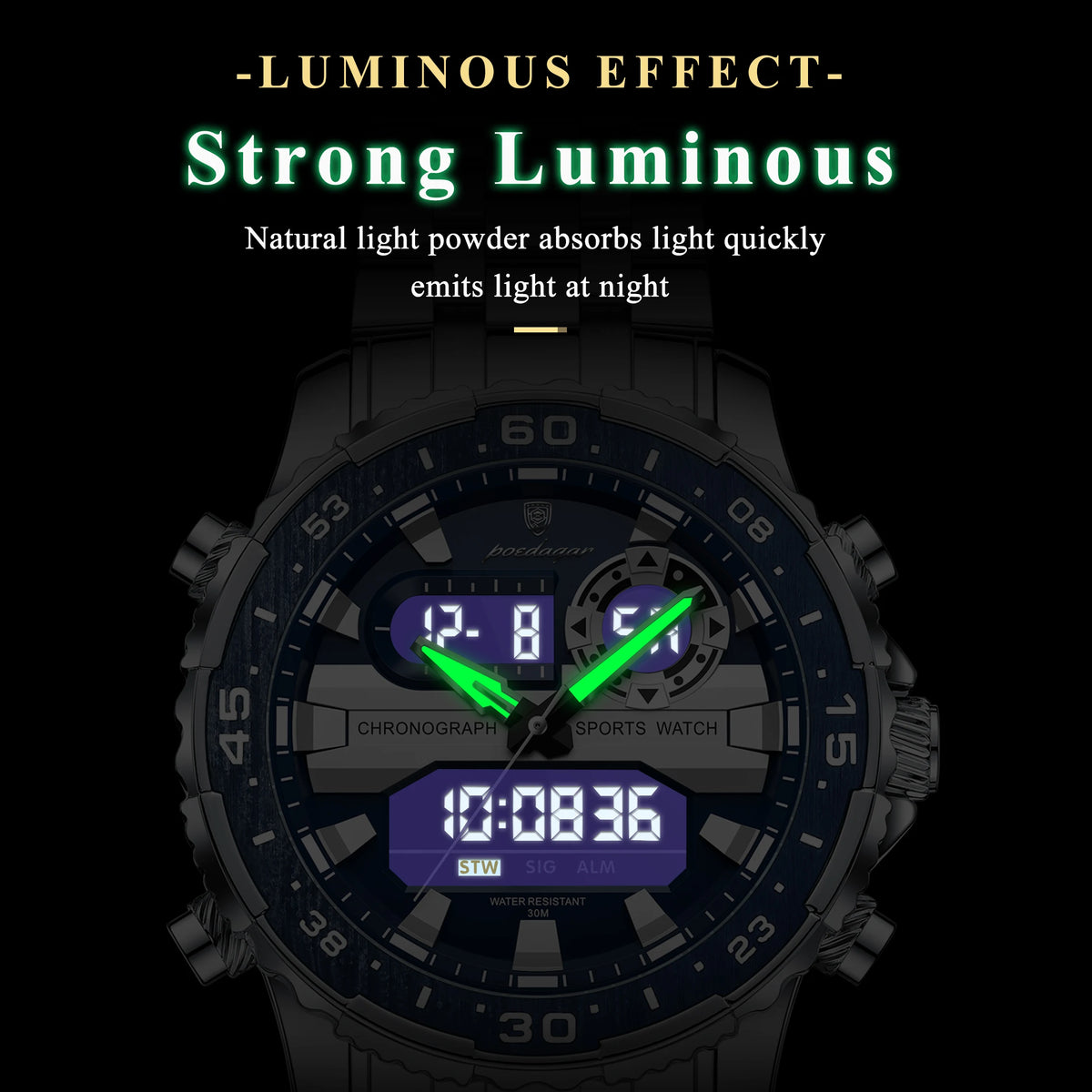 Reloj de lujo para hombre POEDAGAR con LED superior, resistente al agua, electrónico, con doble visualización de hora, digital, de cuarzo y acero inoxidable
