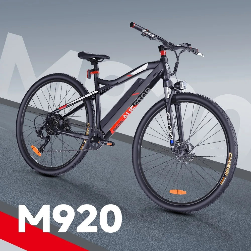 Bicicleta de montaña eléctrica PROTOUR M-920 de 29 pulgadas, cuadro de aleación de aluminio, motor de 250 W, transmisión de 9 velocidades, frenos de disco mecánicos delanteros y traseros, autonomía de 30 a 60 km
