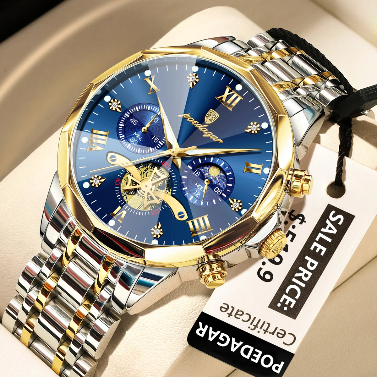 POEDAGAR Reloj de Lujo para Hombre, Reloj de Pulsera Cronógrafo Luminoso Impermeable Original Superior, de Acero Inoxidable, Relojes de Cuarzo para Hombre, Reloj