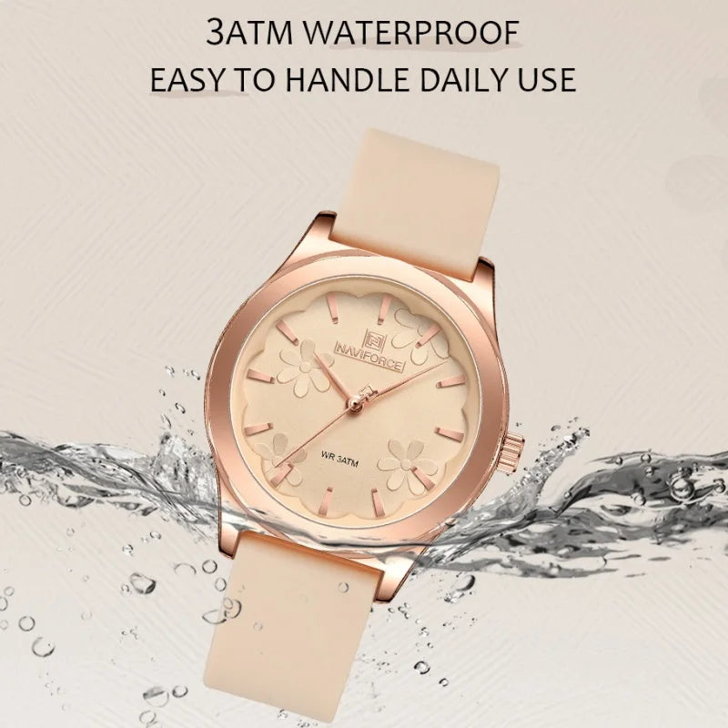 Relojes de moda sencillos para mujer NAVIFORCE, reloj de cuarzo resistente al agua con correa de silicona suave, diseño exquisito y único, caja de regalo.