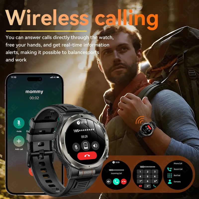 LIGE 2026 New 1100mAh Battery Smart Watch Waterproof Sports Tracker Health Monitoring Outdoor Compass Smartwatch With Flashlight
