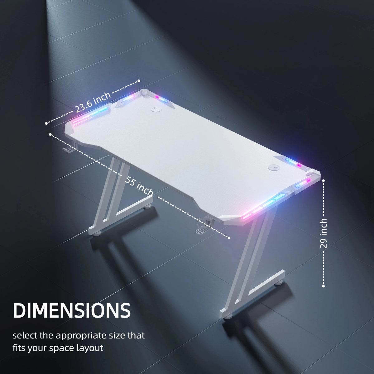 Escritorio gaming blanco de 55" con medidas, patas en Z e iluminación LED