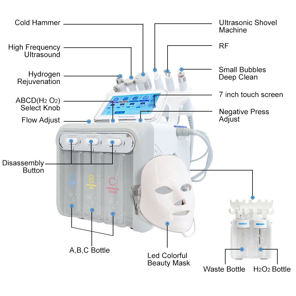 AOKO 6/7 en 1 Dermoabrasión Peel Spa Máquina Facial Rejuvenecimiento de la Piel Hydro Dermoabrasión Aqua Limpieza Profunda Dispositivo de Cuidado de la Piel