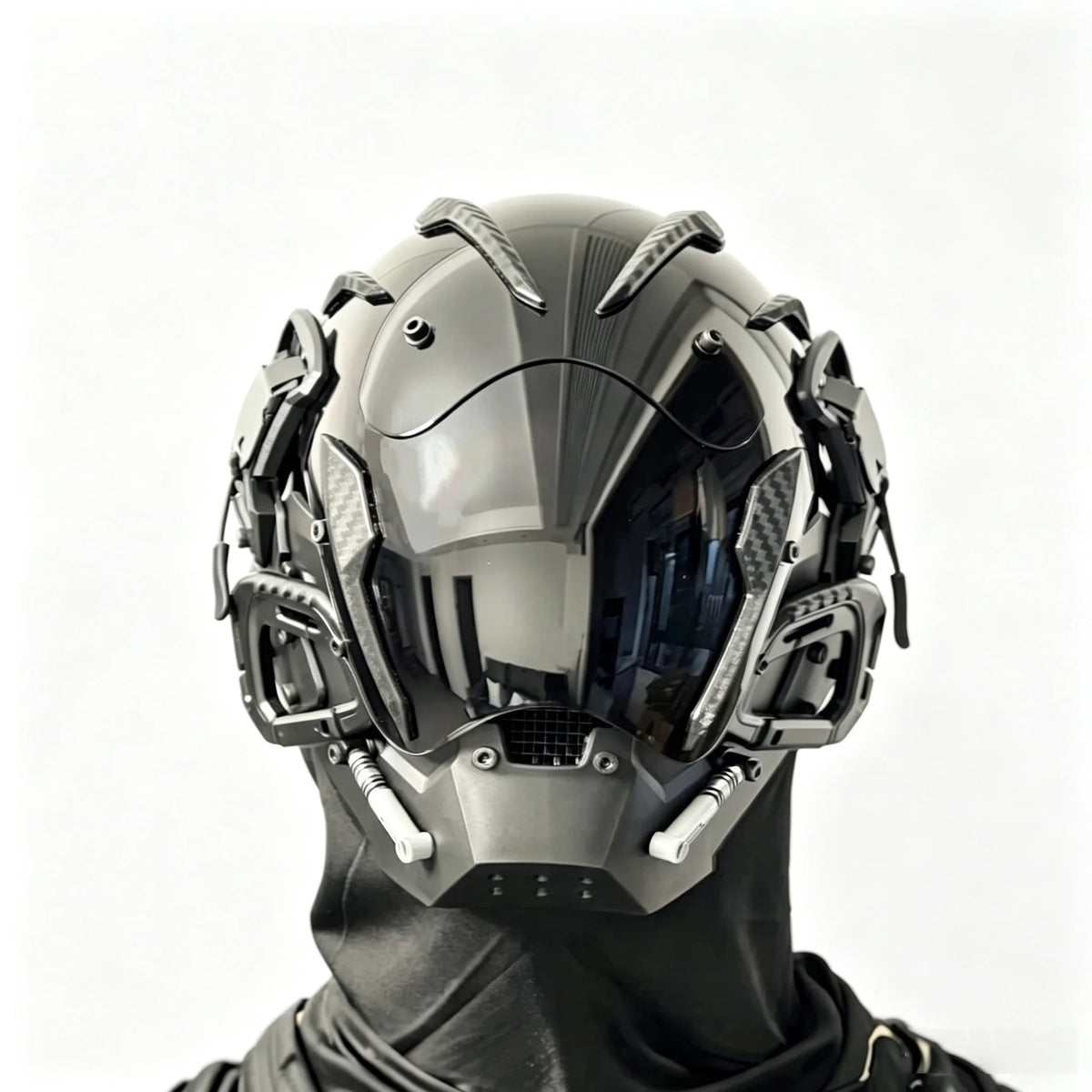 Máscara de estilo cyberpunk de inspiración científica y futurista, casco de cara completa que se puede llevar puesta, accesorio de disfraz para eventos, Halloween y sesiones de fotografía temáticas.