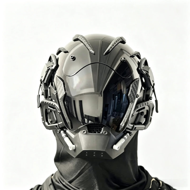 Máscara de estilo cyberpunk de inspiración científica y futurista, casco de cara completa que se puede llevar puesta, accesorio de disfraz para eventos, Halloween y sesiones de fotografía temáticas.