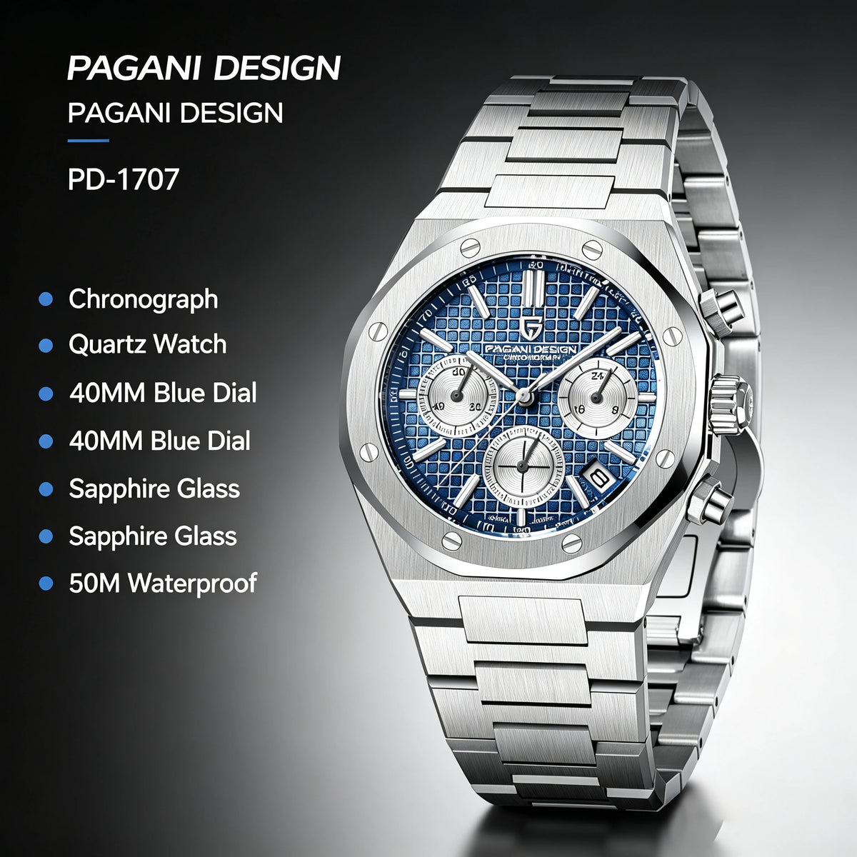 PAGANI DESIGN PD-1707 Chronograph Watch for Men 40MM Dial Sapphire Japan VK63 Stainless Luminous Sport Business Quartz Watch