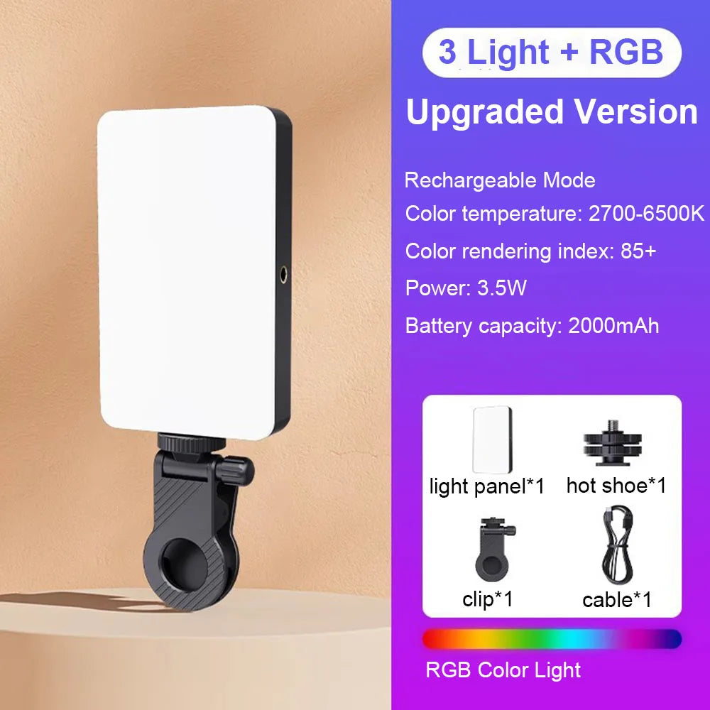 Luz de Video LED RGB, Luz de Relleno para Teléfono, Lámparas Portátiles Recargables de 2000 mAh, 3 Modos Ajustables, 2700-6500 K, Luz para Selfies de Smartphone