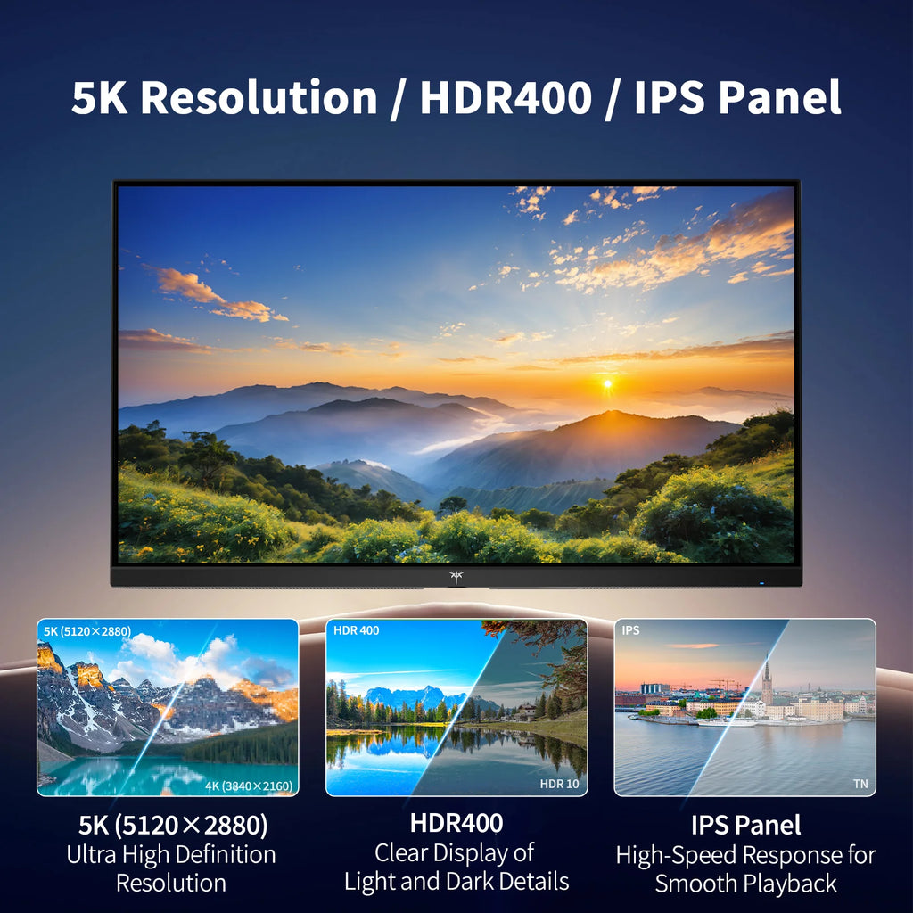Monitor KTC 5K de 27 Pulgadas, Modo Dual 5K2K con Puerto Tipo-C de 65W |   Compatible con Mac mini, HDR400, 5120x2880, 99% DCI-P3, 100% sRGB, ΔE＜2, 5120x2880, HDMI y DP, H27P3