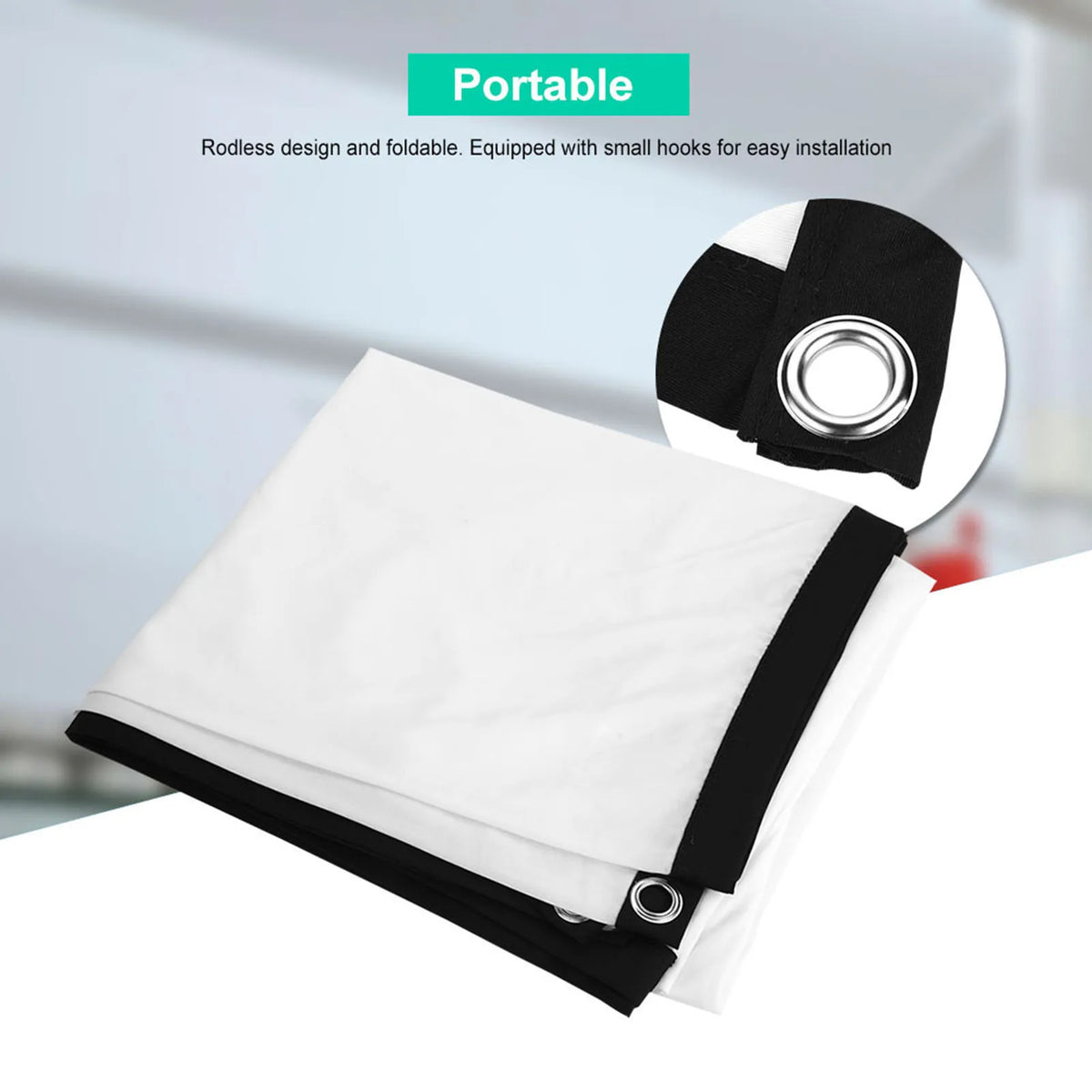 Pantalla de proyector portátil plegada con tela blanca y borde negro, ojal metálico