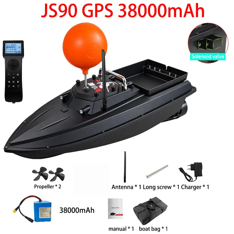 JS90 Barco cebador GPS 12V, velocidad 280 m/min, 100 puntos de pesca, carga de 3 kg, crucero y retorno automático, ajuste de 3 velocidades, bola antivuelco