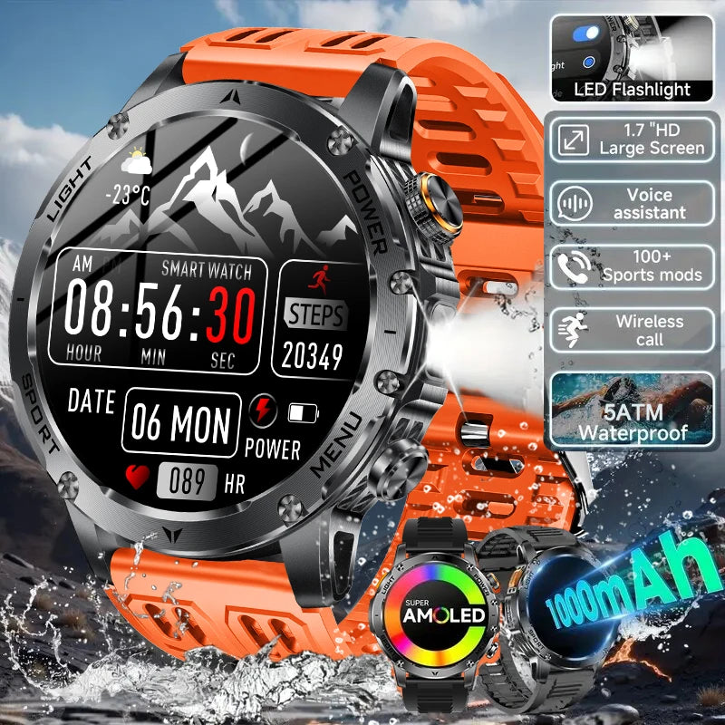 Reloj inteligente deportivo para exteriores con GPS 2026, pantalla AMOLED, linterna LED, frecuencia cardíaca, resistente al agua, llamadas por Bluetooth, batería de 1000 mAh, para hombre