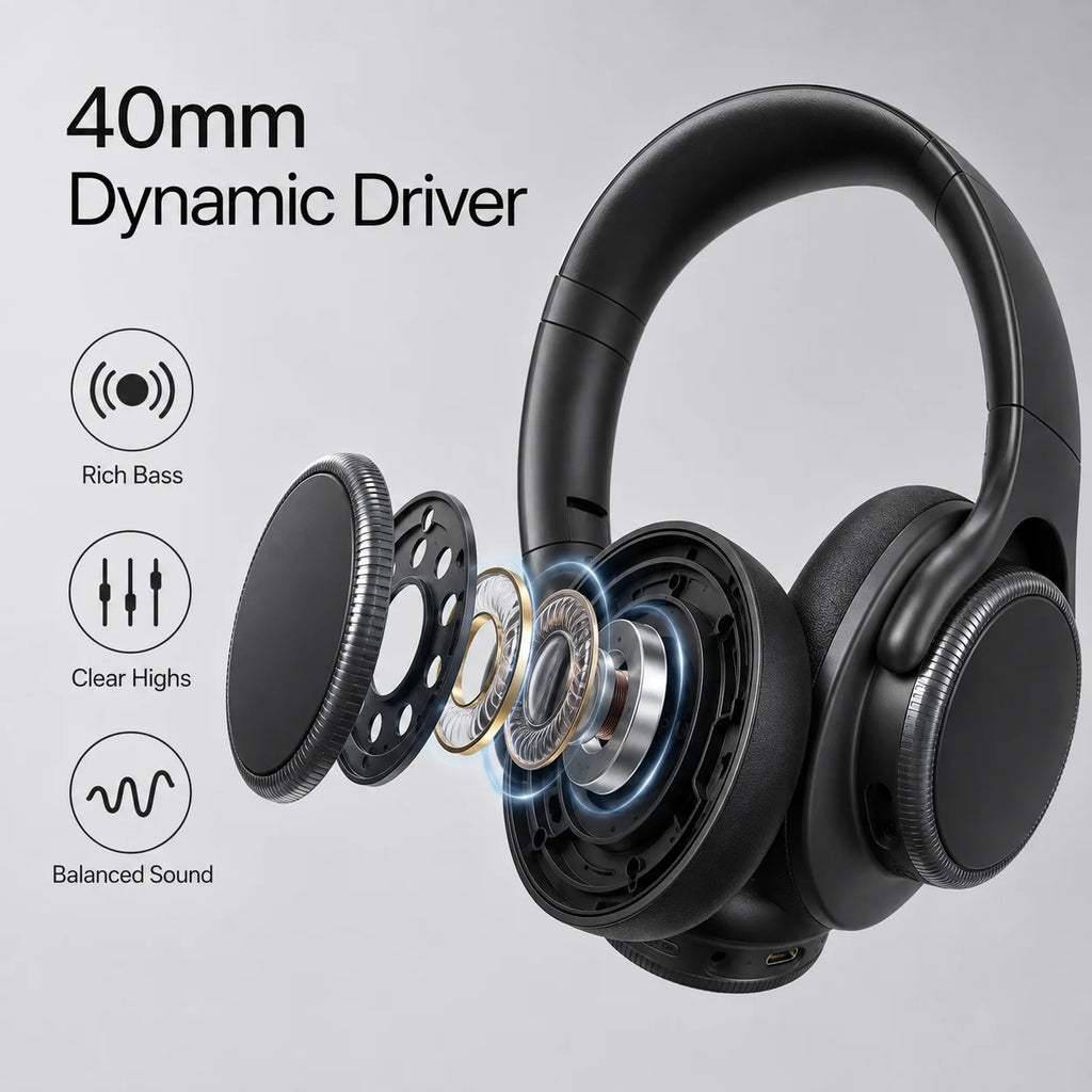 Auriculares inalámbricos Bluetooth 6.0 con ANC (cancelación activa de ruido), controladores de 40 mm, 50 horas de reproducción, control de volumen giratorio y diseño circumaural.