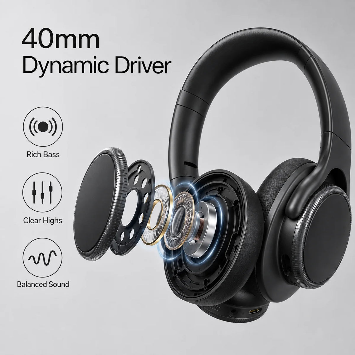 Auriculares inalámbricos Bluetooth 6.0 con ANC (cancelación activa de ruido), controladores de 40 mm, 50 horas de reproducción, control de volumen giratorio y diseño circumaural.