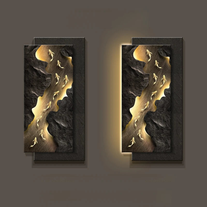 Par de lámparas de pared LED con cuadros de peces koi dorados y luz perimetral