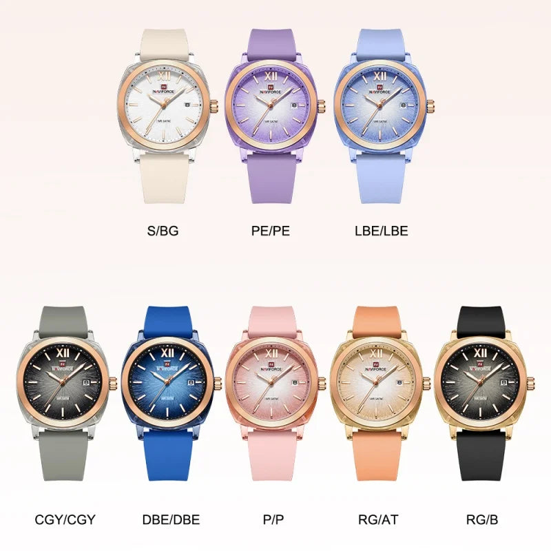 Reloj de cuarzo sencillo para mujer NAVIFORCE, reloj de pulsera informal para dama, con calendario, manecillas luminosas, correa de silicona y resistente al agua 5ATM