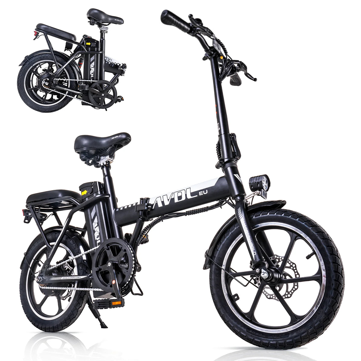 Bicicleta eléctrica AVDLEU de 16 pulgadas, equipada con una batería de 36V 11.4Ah y un motor de 250W. Alcanza velocidades de hasta 25 km/h con una autonomía de 35–50 km.