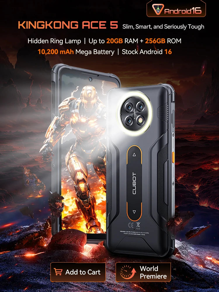 Smartphone rugerizado Android 16, Cubot KingKong ACE 5, 20GB RAM (8+12GB), 256GB ROM, batería de 10200mAh, pantalla de 6.745" a 120Hz, 48MP, NFC