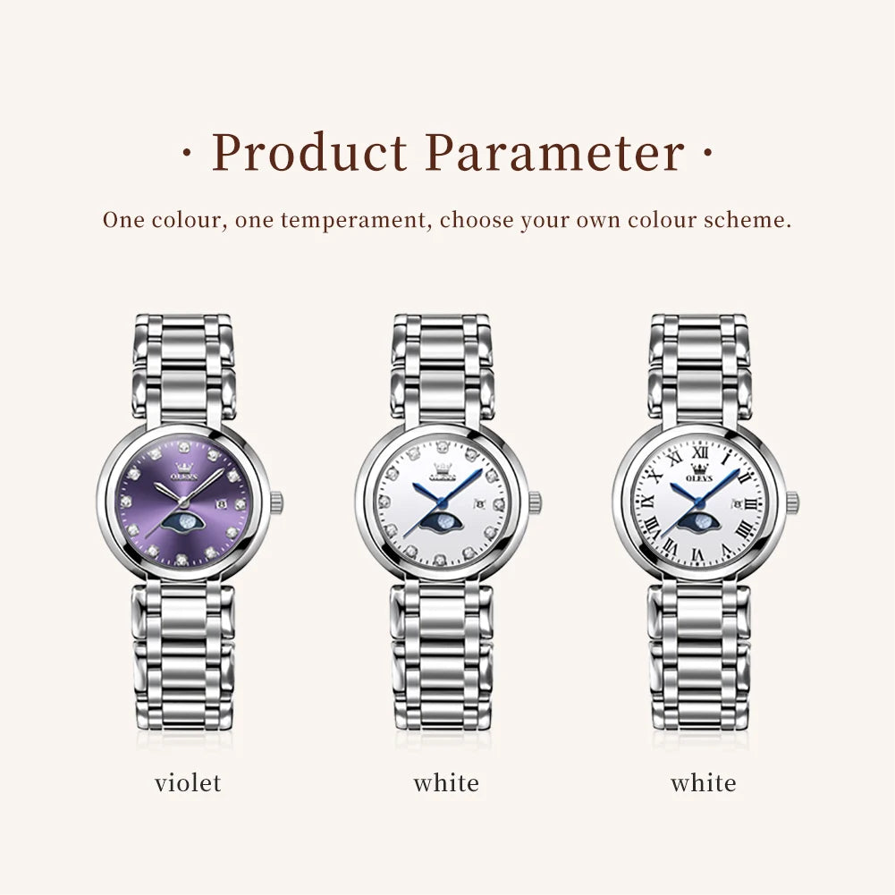 Reloj de cuarzo OLEVS para mujer, elegante y a la moda, con esfera de pedrería morada, resistente al agua, luminoso, original, de lujo.