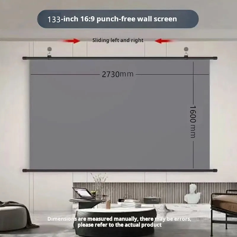 Pantalla de proyector gris 16:9 sin perforaciones, montaje en pared, 133 pulgadas