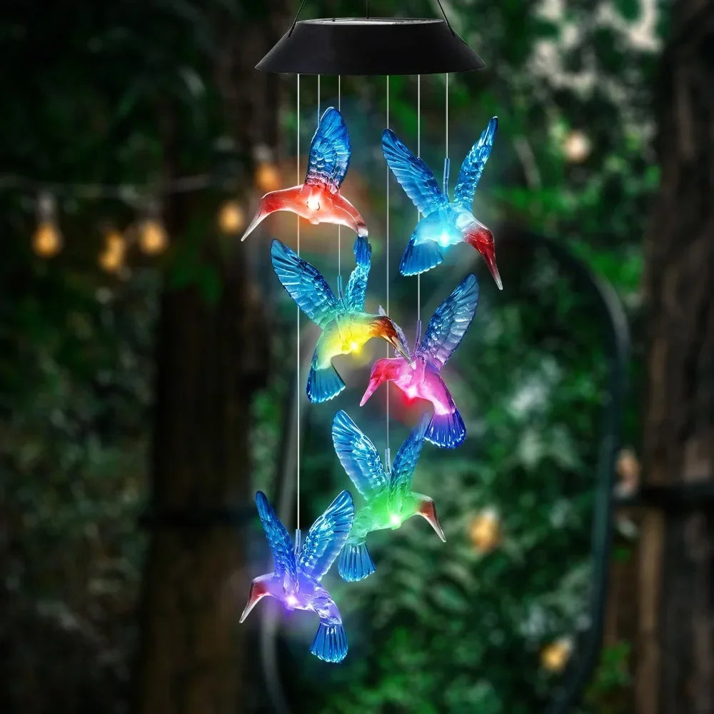 New High Quality Cute Hummingbird Wind Chimes Solar Power Generation Plastic Solar Lighting Lamp Blue Green Courtyard Lamp