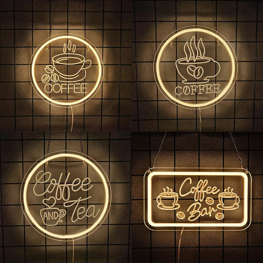 Letrero neón LED de café redondo con taza y texto “COFFEE” en luz cálida.