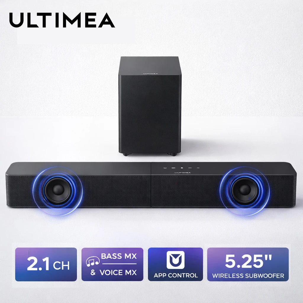 Barra de Sonido ULTIMEA Poseidon R3T de 240W y 2.1 Canales con Subwoofer Inalámbrico, BassMX y VoiceMX, Control por Aplicación, Barra de Sonido para Smart TV, HDMI